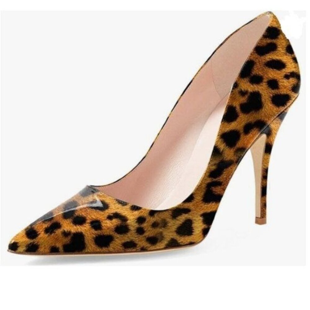 YDN Leopard Print Chic Pointed Toe Stilettos Heel Pumps Slip on Slide Dress Shoe